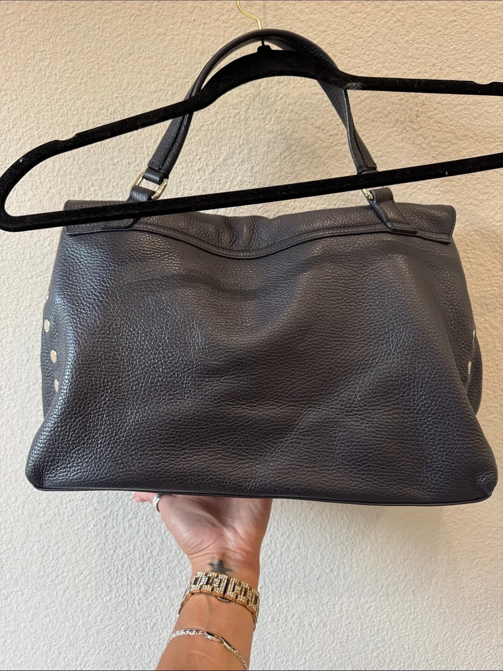 Zanellato Navy Studded Hammered Leather Crossbody Bag EUC